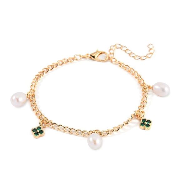 White Freshwater Pearl & Green Austrian Crystal Clover Bracelet - Picture 4 of 11
